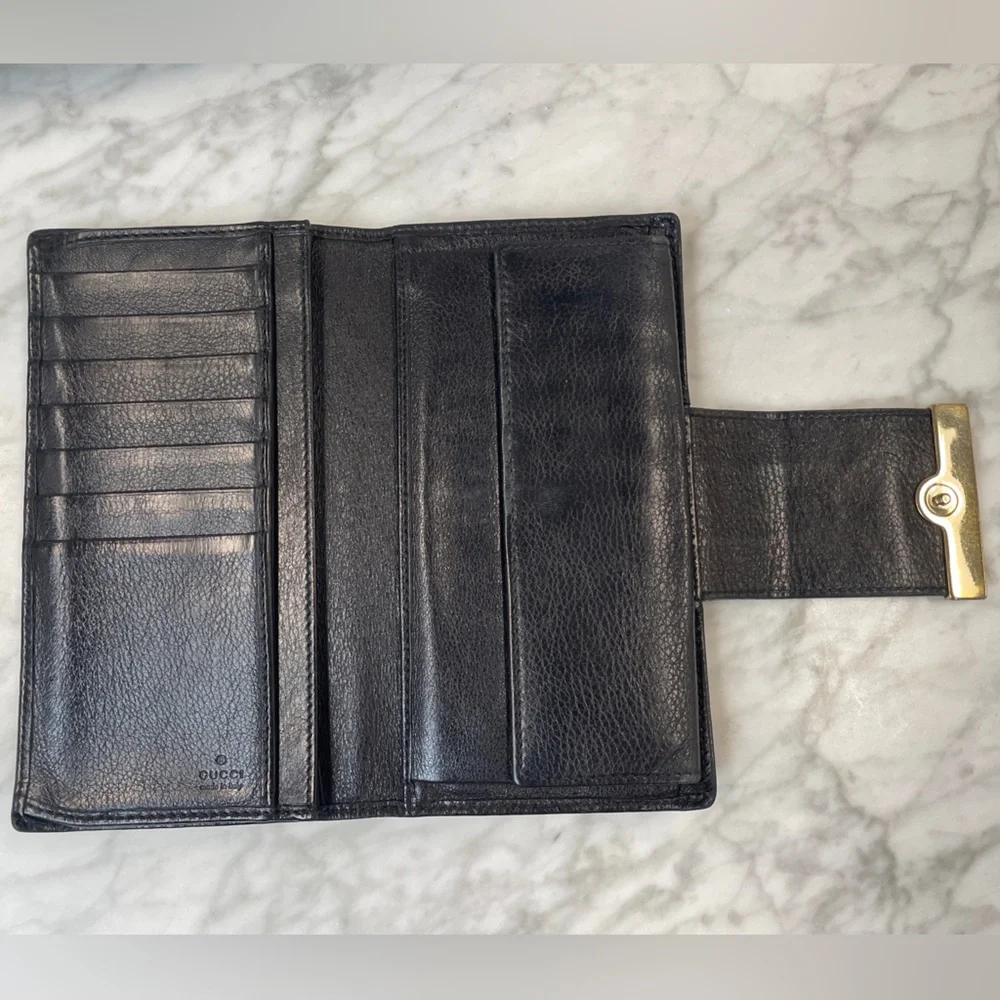 Gucci Black Embossed GG Leather Wallet with Gold Nameplate